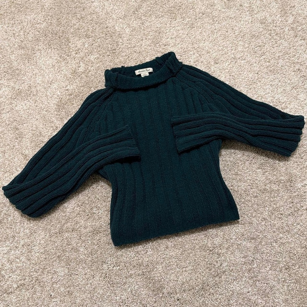 American Eagle Cable Knit Turtleneck Sweater | Dark Green | Medium